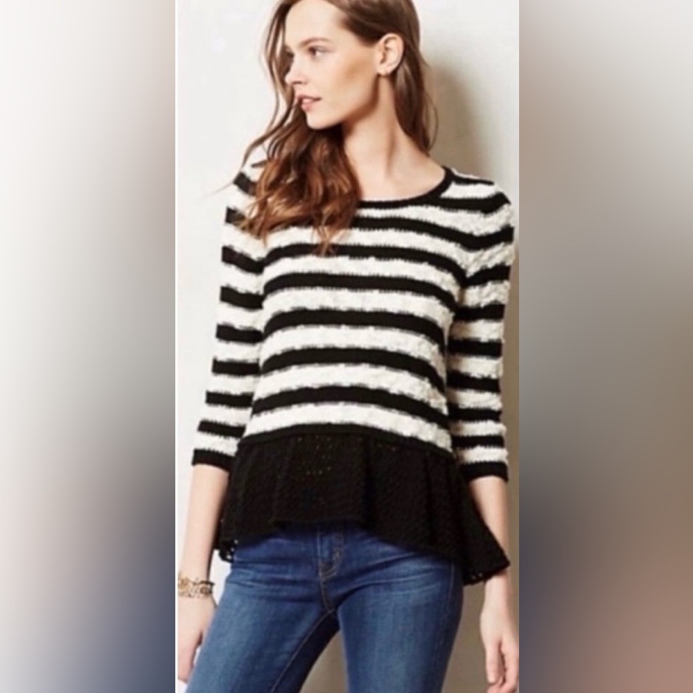 Knitted & Knotted Anthropologie Black/White Stripe Cotton Peplum Sweater. Sz Sm